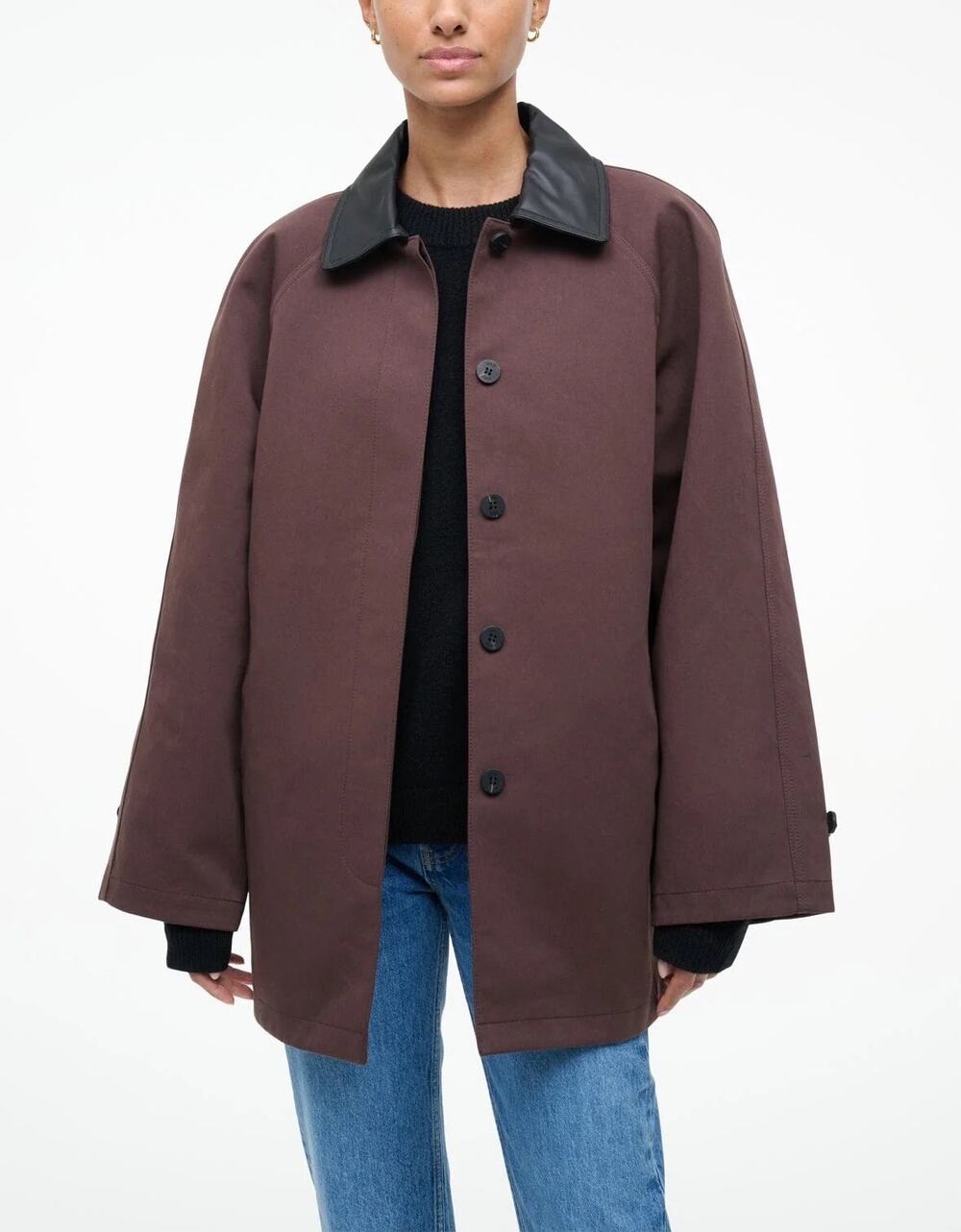 STAUD Brown Jonah Black Leather Collar Barn Jacket with XS NEW Canvas Coat